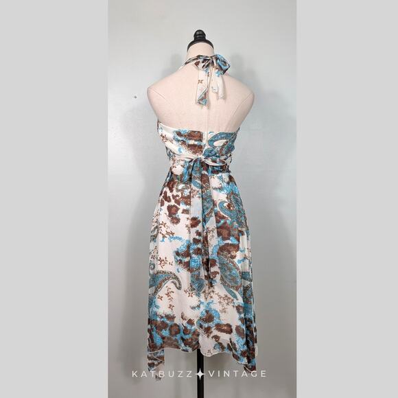 Vintage Babydoll Midi Dress 8 Blue Brown Fairy Grunge Halter Floral Handkerchief - Picture 3 of 16